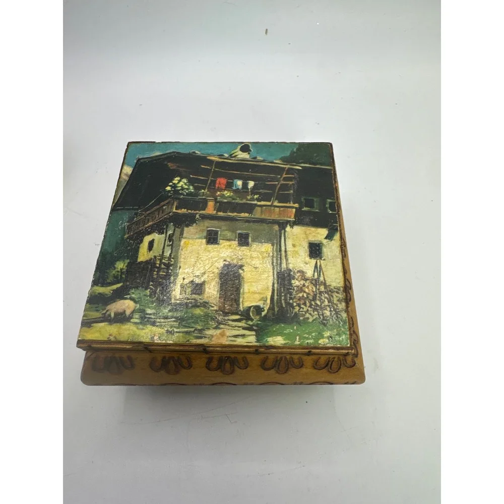 Vintage Innsbruck Austrian Alpine Wood Trinket‎ Box Hand Painted Cottage Scene